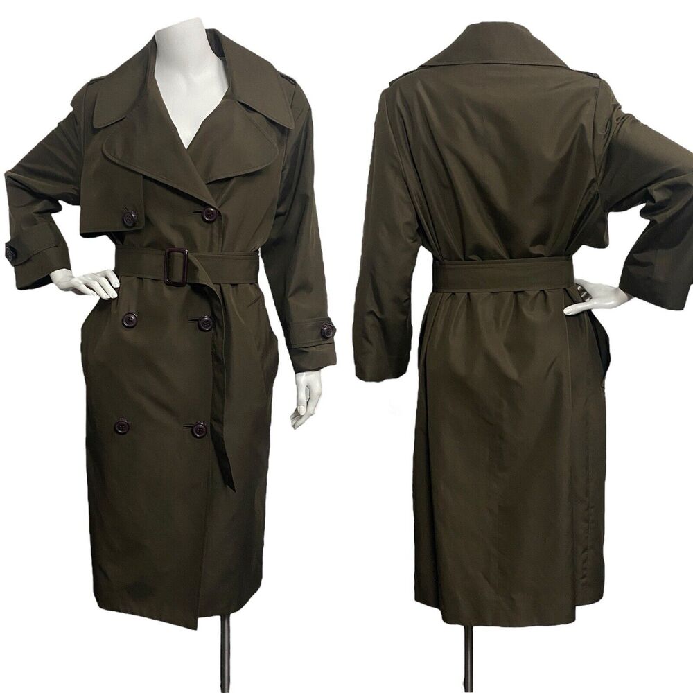 Authentic Zang Toi Olive‎ Green Trench Coat Size 2 100% Silk Belted Pocket